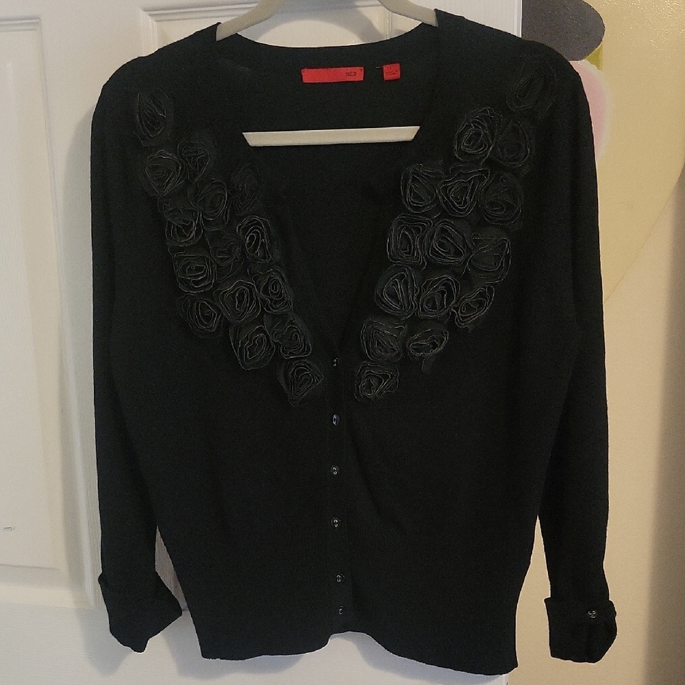 RED SzLG Elegant Black Cardigan with Floral applique Details